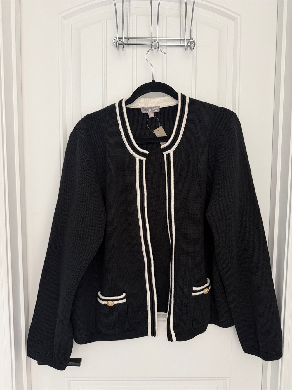 J. Crew Black Knit Collarless Sweater Blazer with White Trim